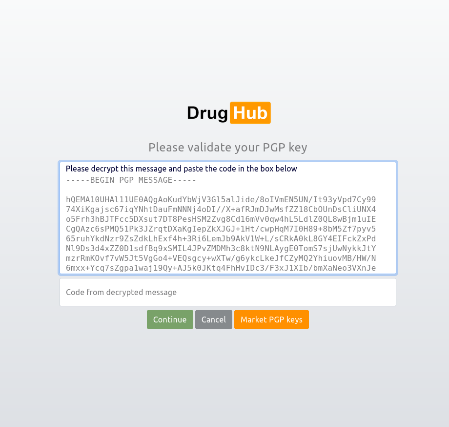 Drughub Market login and profile finalization with PGP